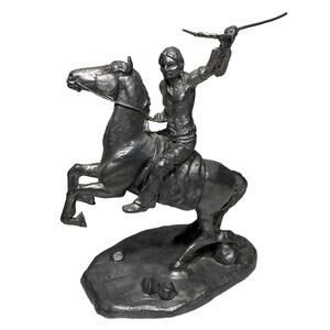 Vintage Pewter Figurine Native American On Bucking Horse W Spear Hunting 6x6”